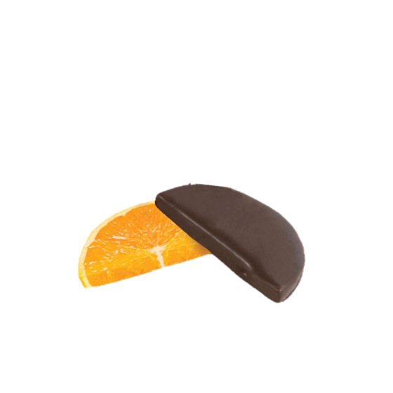 Gajos de naranja confitada cubiertos con chocolate. Dulce artesanal de calidad suprema, combinación perfecta de sabores.