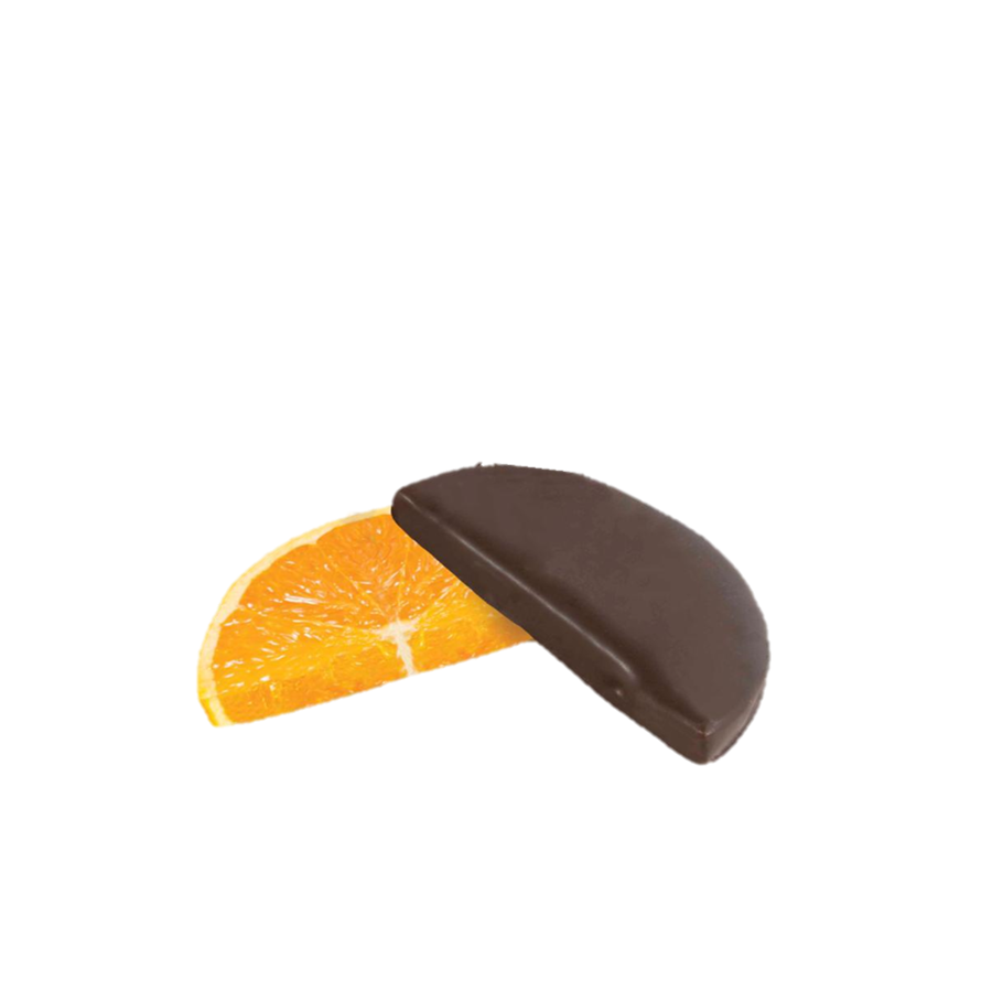 Gajos de naranja confitada cubiertos con chocolate. Dulce artesanal de calidad suprema, combinación perfecta de sabores.