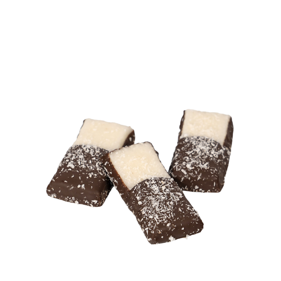 Lingotes de coco tipo mazapán de Toledo bañados en chocolate. Una fusión irresistible de coco y chocolate. Calidad suprema.