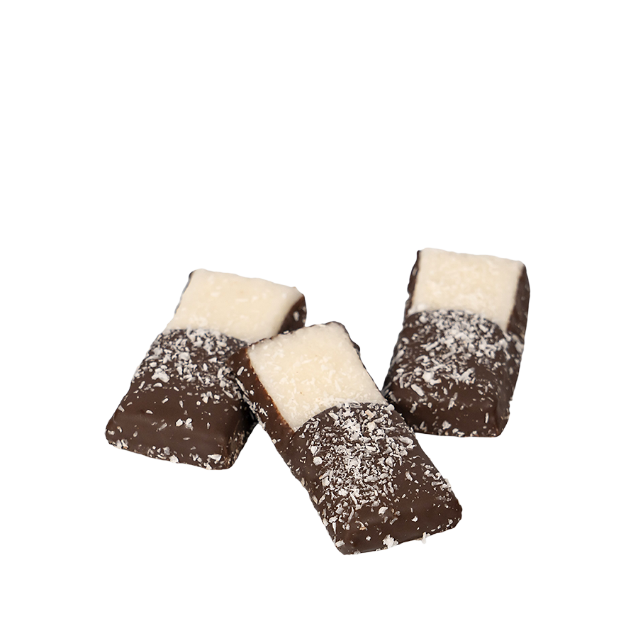 Lingotes de coco tipo mazapán de Toledo bañados en chocolate. Una fusión irresistible de coco y chocolate. Calidad suprema.