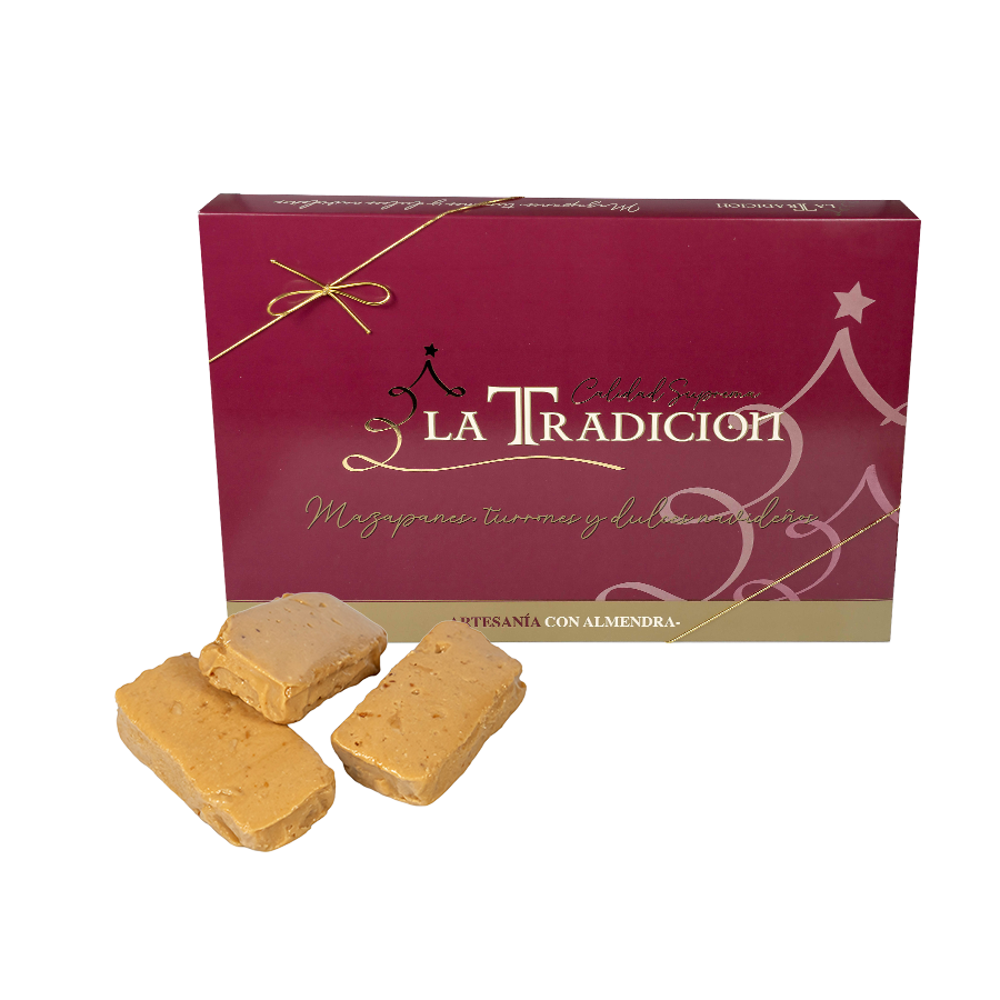 Porciones de turrón blando de almendra, textura suave y jugosa. Calidad suprema para disfrutar en Navidad.