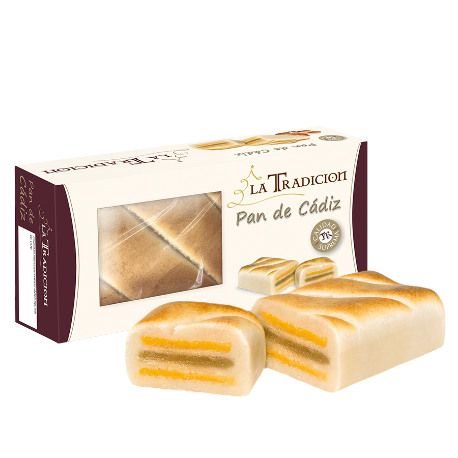 Caja de Pan de Cádiz artesanal con relleno de yema y boniato. Dulce navideño elaborado con almendra de calidad suprema.